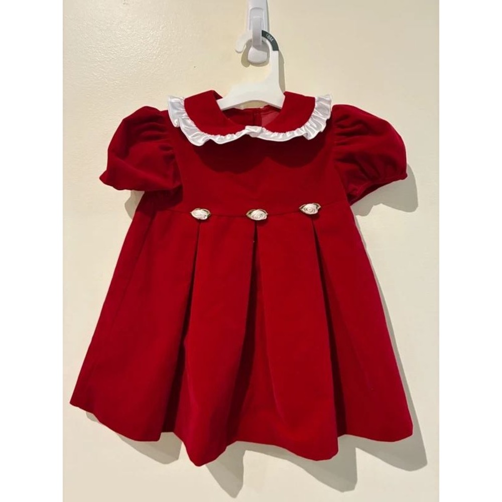 Vintage Evy Red Velvet Holiday Dress Toddler Girls 3T Ruffle Collar Rosettes